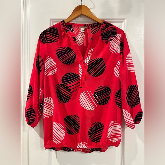 Dana Buchman Tops - Dana Buchman Red and Black Striped Polka Dot Blouse